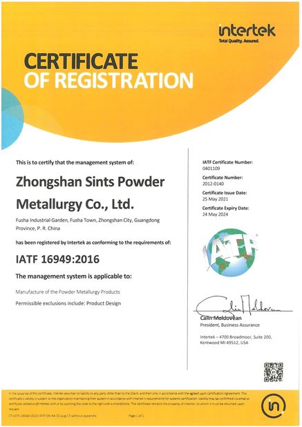 China sints precision technology co.,ltd certificaten